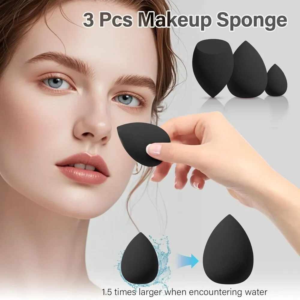 Mlemle 26 Pcs A01-Black Makeup Brushes Set And 2 Powder Puff 3 Makeup Sponge